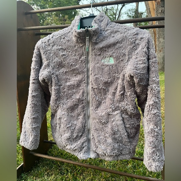 North Face Girls 8-10 Jacket Coat Gray Plush Fleece/Aqua Zipper & Pockets - Picture 4 of 15
